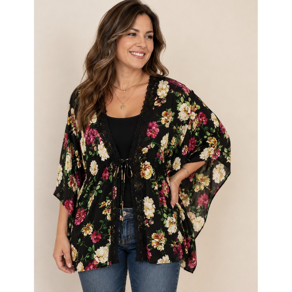 VTG Liberty Love Black Floral Rayon Top sz L Lace Tie Boho Fairycore Romantic
